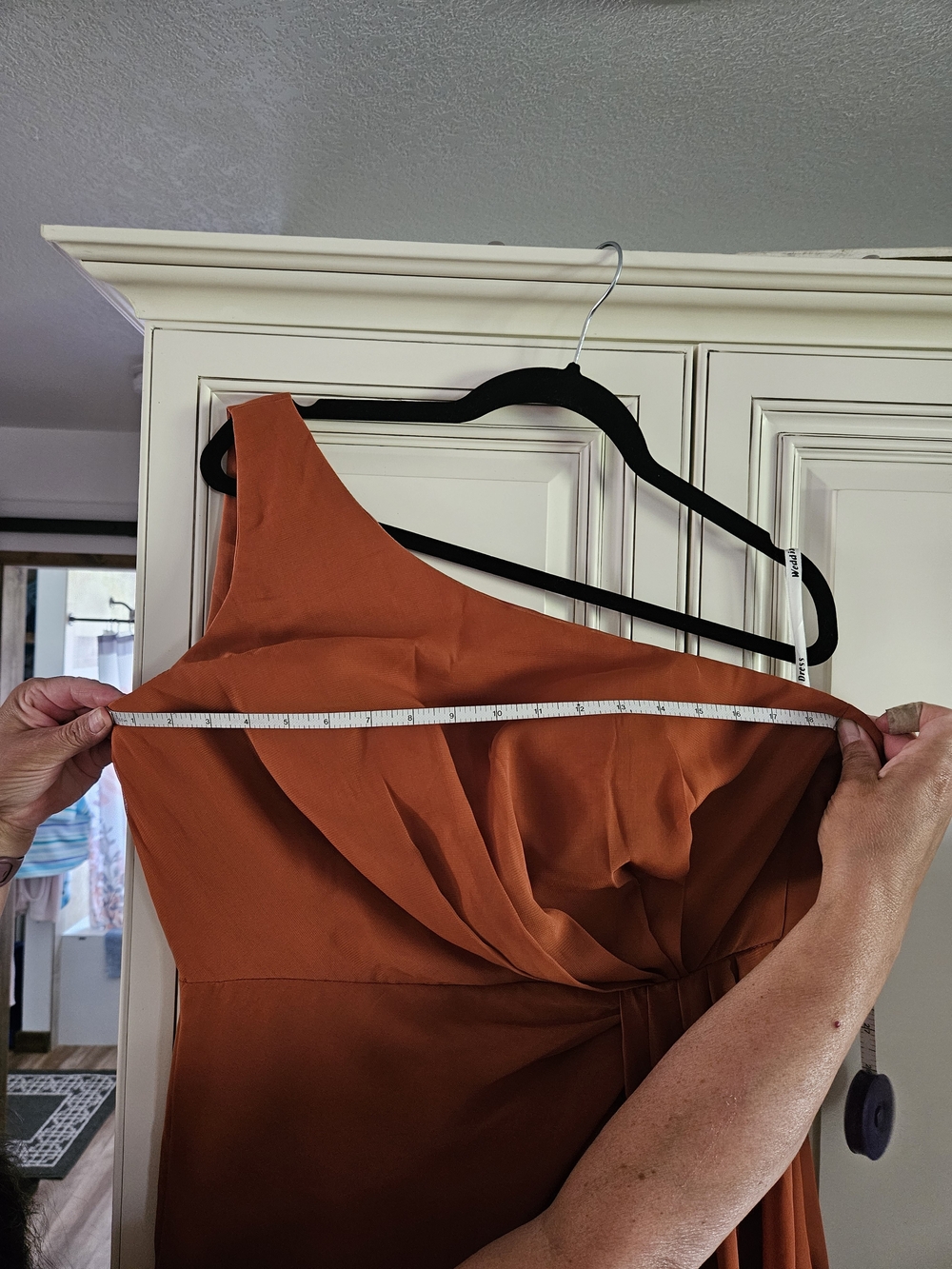 Terracotta One-Shoulder Draped Women's Dress - Picture 7 of 12